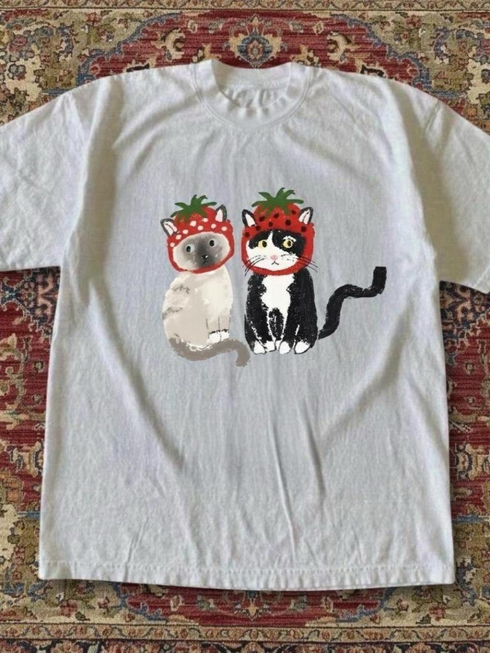 Gildan White Tee with Two Cats in Red Strawberry Hats